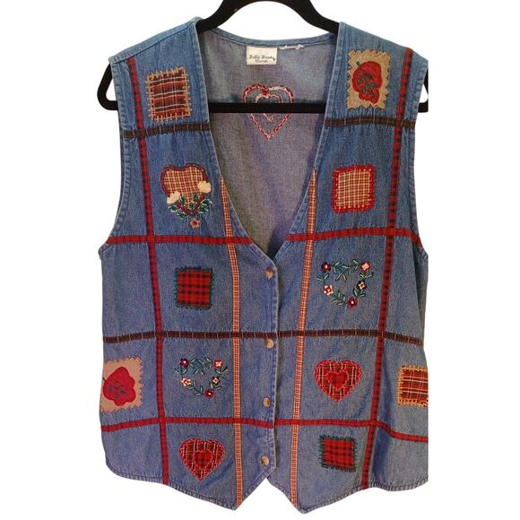 VTG Bobbie Brooks Patchwork Denim Vest Embroidered Hearts Plaid Cottagecore Sz L - Picture 1 of 5